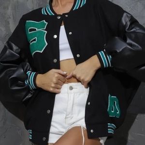 Letter Embroidery Bomber Letterman Jacket Black and Green, Pleather Sleeves